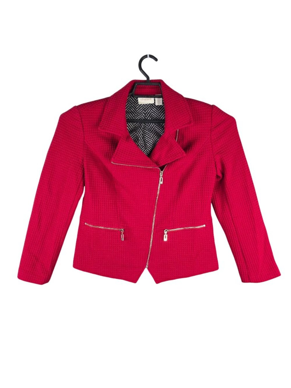 Womens Chicos Petite Red Textured Zip Front Jacket Polyester Blend Size 0P